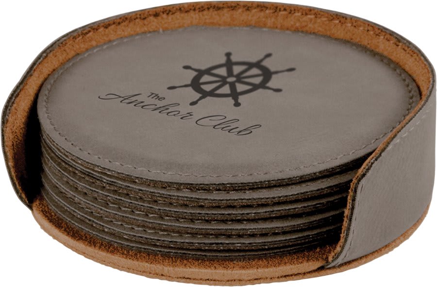 Set of 6 with Holder- Round Leatherette Coasters