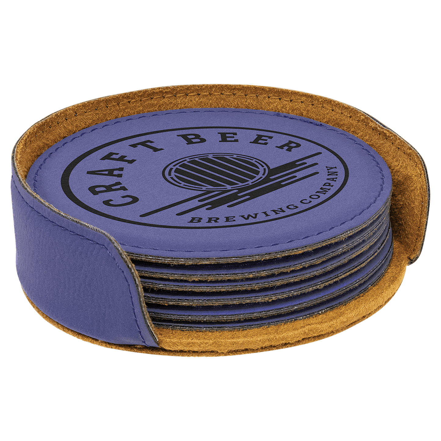 Set of 6 with Holder- Round Leatherette Coasters