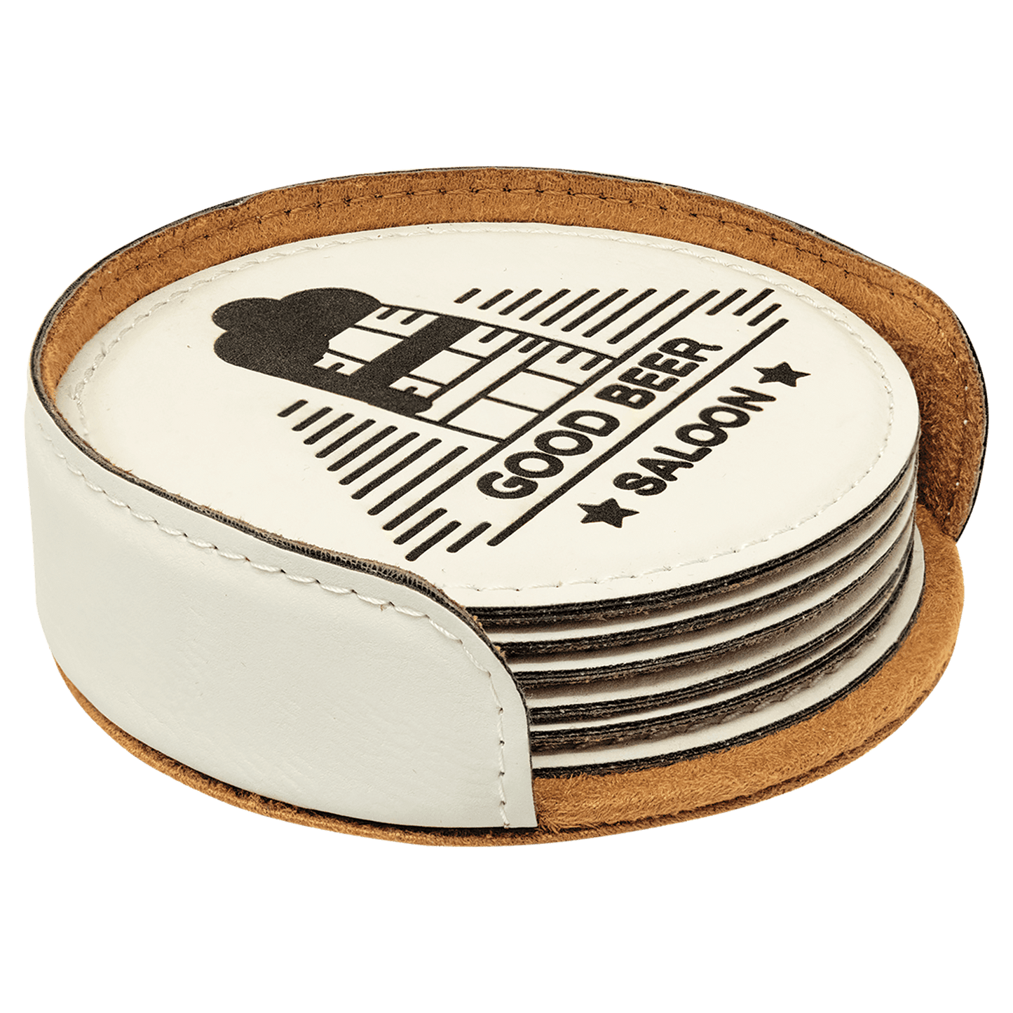 Set of 6 with Holder- Round Leatherette Coasters